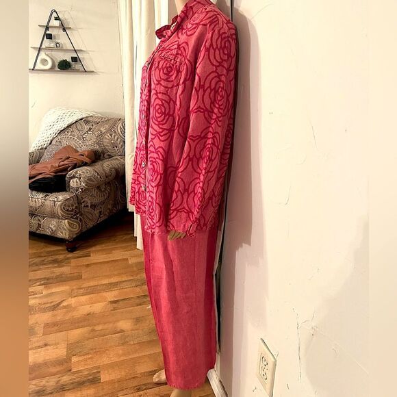 FLAX Jeanne Engelhart Women’s Linen Three Piece Coral Pink Rose Print Set - Picture 5 of 16